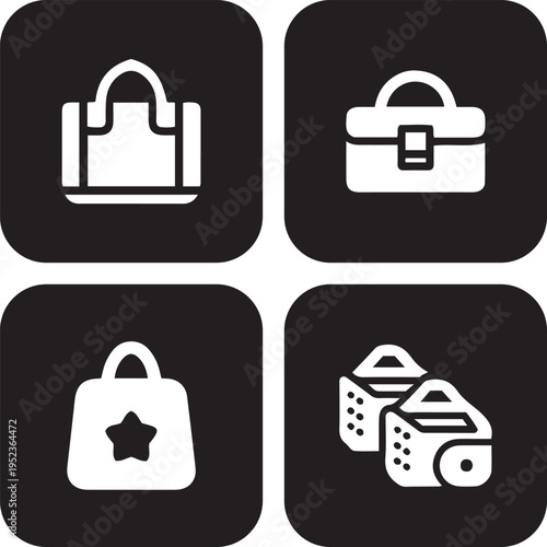 Collection of women fashion handbag silhouettes icons set, various purse and tote bag shapes, vector female accessories for shopping design.