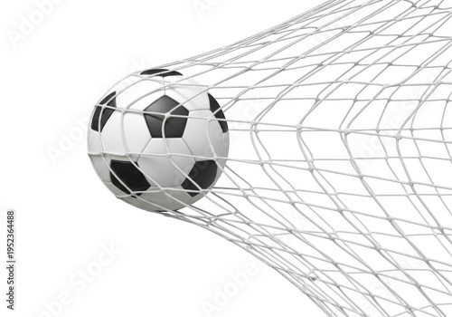 Soccer ball caught in white net close up isolated on transparent background