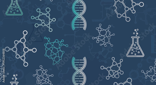 DNA Double Helix and Molecular Structures on Dark Blue Background - Science and Research Concept