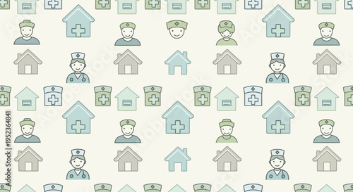Healthcare and Home Care Pattern: Nurses, Doctors, and Houses Icons on Light Background