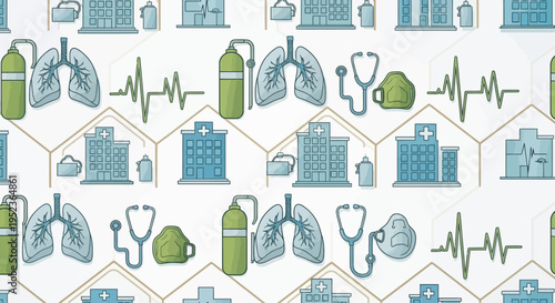 Healthcare pattern: lungs, stethoscope, hospital, ECG, oxygen cylinder, medical icons
