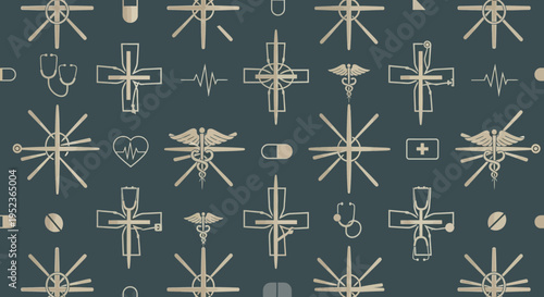 Medical Healthcare Pattern: Cross, Stethoscope, Caduceus, Heartbeat, Pills