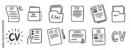 cv and resume and self presentation related doodle hand drawn icon set. Outline drawing cv line clipart symbol collection