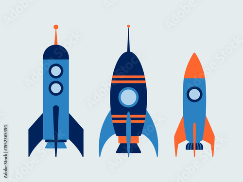 Stylized blue and orange rockets in a row against a light blue background space spaceship