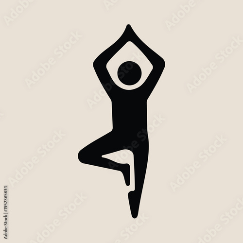 Yoga tree pose icon showing person balancing on one leg with hands joined overhead representing stability focus strength physical fitness wellness flexibility and healthy active lifestyle silhouette