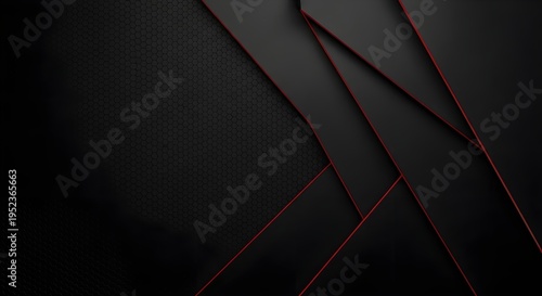 Abstract black geometric background with overlapping layers and thin red accent lines for modern design