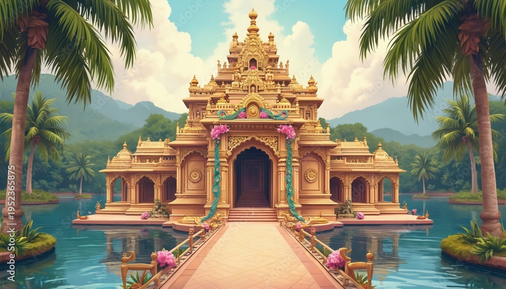 Naklejka premium Golden temple with intricate carvings sits on water surrounded by palm trees. Floral and peacock motifs decorate ornate architecture. Lush green mountains form serene backdrop under cloudy sky.