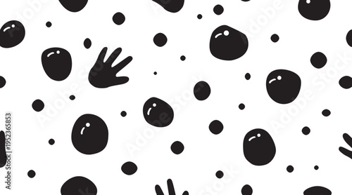  A white background with various sized black bubbles and hands floating around in a playful and whimsical pattern victor illustration