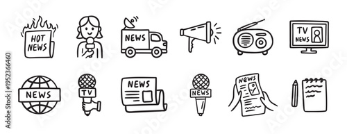 Set of hand drawn news media icons, TV journalism and press sketch style elements collection