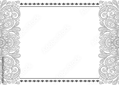 Frame in eastern tradition. Stylized with henna tattoos decorative pattern for decorating covers for book, notebook, casket, magazine, postcard and folder. Flower border in mehndi style.