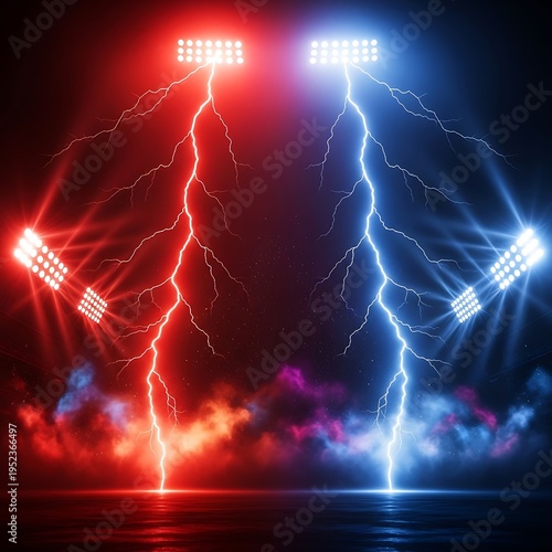A dramatic scene with red and blue lightning