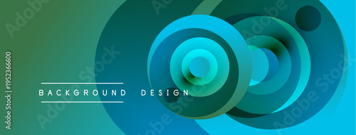 Abstract gradient circles create dynamic background. Teal, turquoise, green hues blend smoothly. Modern design element.