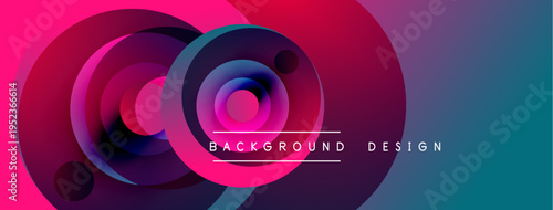 Abstract circles overlap, creating vibrant gradients. Pink, purple, blue hues dominate design. Text reads background design. Modern, dynamic visual.