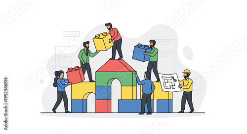 Small Group of People Collaborating to Build a Colorful House Structure with Blocks in bright studio