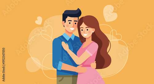 Loving Couple Embracing Gently with Subtle Heart Shapes on Soft Orange Background