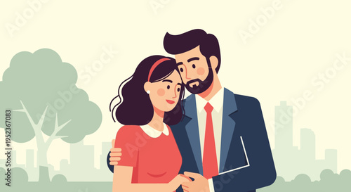 Loving Couple Embracing Warmly Outdoors with Green Trees and Light Beige Sky