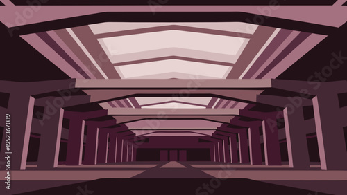 A futuristic purple interior with a large open ceiling and symmetrical architecture