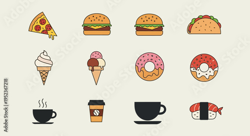 Collection of Doodle Fast Food, Desserts, and Coffee Icons in Bright Studio