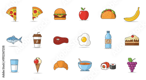 Collection of Doodle Food and Drink Icons, Healthy and Unhealthy Options, Isolated White Background