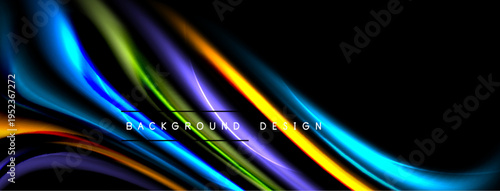 Abstract colorful waves flow across black background. Dynamic lines create modern design element. Bright hues contrast dark space.