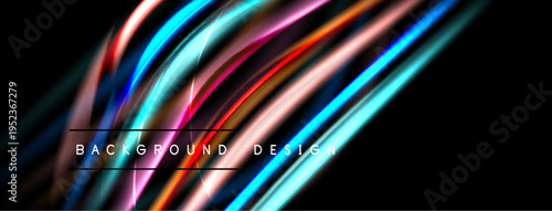 Abstract flowing lines create dynamic background. Vivid colors blend, forming elegant design. Dark space emphasizes bright streaks.