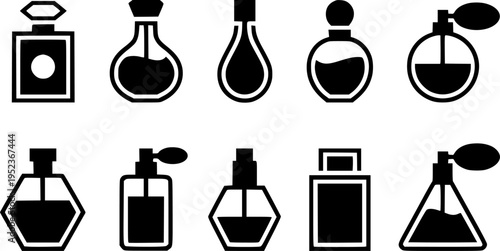 Collection of black perfume bottle various shapes and styles white background fragrance