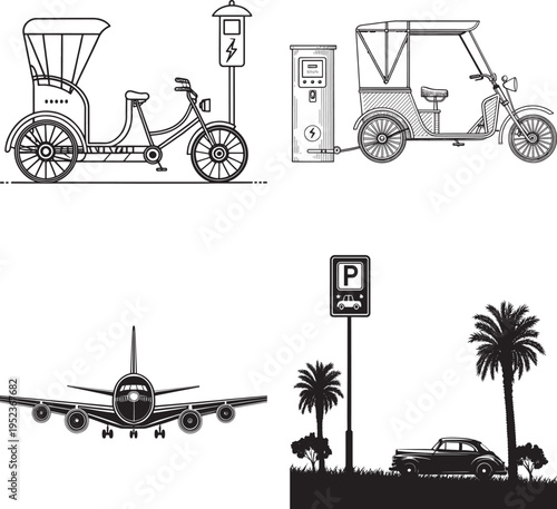 Black and white line of electric rickshaw charging station airplane and vintage car msea set lightning bolt symbol