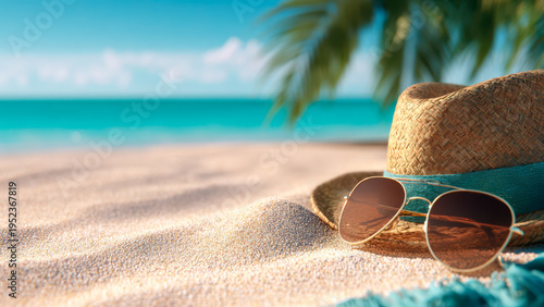 A straw hat and sunglasses rest on a sun-kissed beach, inviting a person to relax and enjoy a tropical vacation.