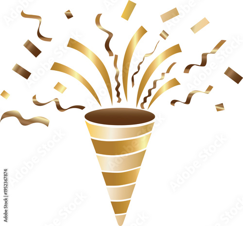 A gold party horn with confetti and ribbons exploding out of it on a white background to celebrate a special occasion or achievement with festive decorations