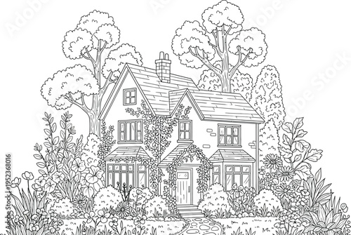 Detailed black and white illustration of a charming storybook cottage nestled amongst abundant overflowing garden flowers and trees.