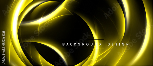 Abstract yellow lines create tunnel effect. Dark background emphasizes glowing curves, modern design element. Simple text reads background design.