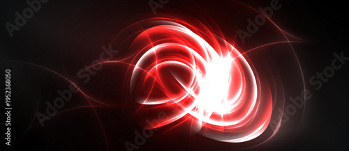 Bright red energy swirls against dark background. Abstract light forms dynamic, flowing shapes. Intense glow radiates outward.