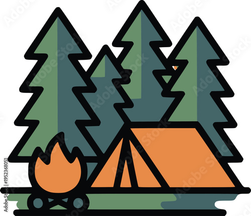 Camping Campfire and Pine Trees Flat Icon | Outdoor Adventure Minimal Vector