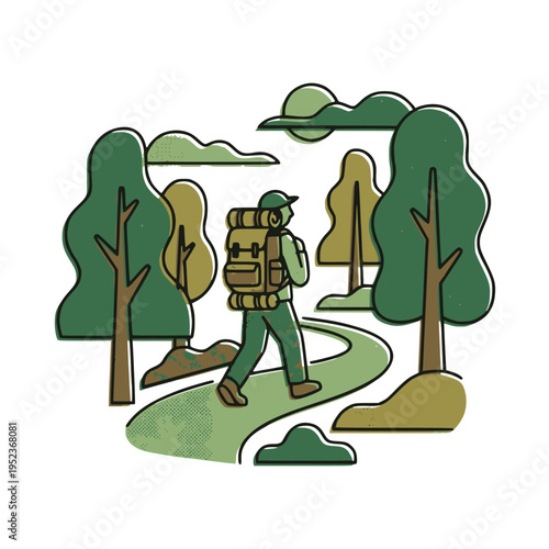 Minimal Forest Hiking Adventure Illustration | Backpacker Nature Walk Vector
