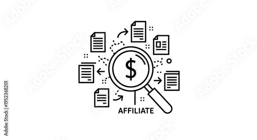 Affiliate Marketing Concept: Magnifying Glass Over Dollar Sign and Documents, Online Business Growth