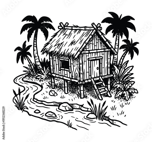 Peaceful forest and Wooden Cabin Nature Illustration, Mindfulness Outdoor Concept