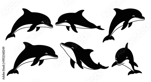 Set of Black Silhouette Dolphins Jumping and Swimming in Water
