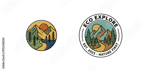 Eco Explore Mountain Badge Logo | Nature Adventure Vintage Emblem Design