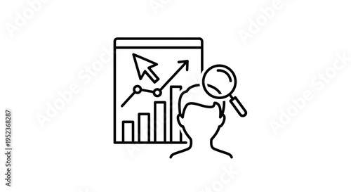 Business analytics concept: person analyzing financial chart with magnifying glass and cursor