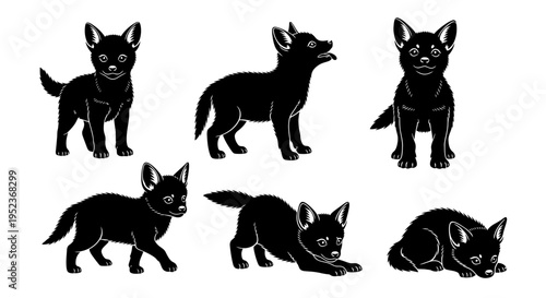 Set of black silhouette illustrations of a playful puppy in various poses