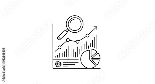Business analytics graph with magnifying glass and pie chart, data analysis concept