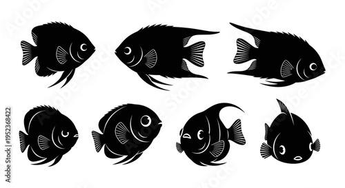 Set of Black Silhouette Tropical Fish Icons, Vector Illustration