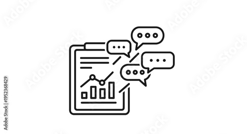Business analytics report with speech bubbles, data visualization, and communication icons