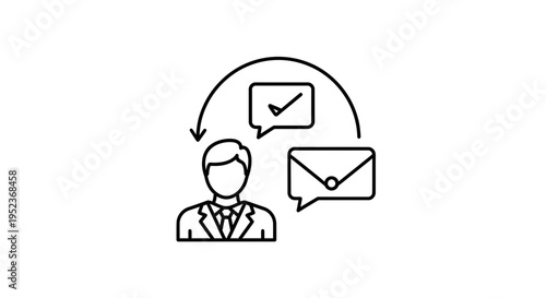 Business communication icon: man, email, and message bubble with checkmark