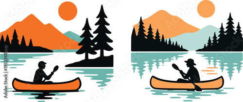 Canoeing on Mountain Lake at Sunset, Outdoor Adventure Nature Landscape Vector Illustration