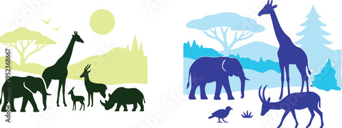 Wildlife Safari Animals in Nature Landscape Vector Illustration (Elephant, Giraffe, Deer)