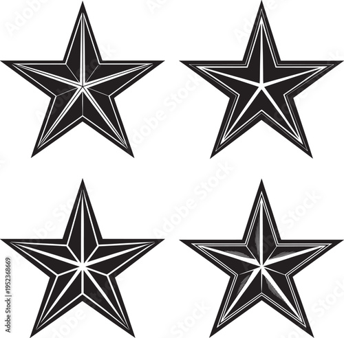 Four black twenty pointed stars with geometric shading and white outlines on white background msea set