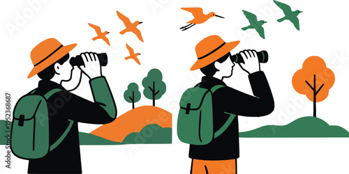 Bird Watching Adventure Illustration with Binoculars, Eco Tourism Wildlife Exploration Vector