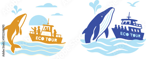 Whale / Dolphin  Watching Eco Tour Boat Illustration, Marine Wildlife Adventure Concept