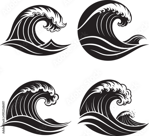 Four stylized black and white ocean wave with foamy crests msea set water crashing